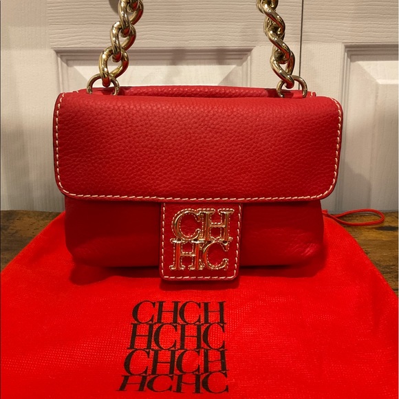 CAROLINA HERRERA ONASSIS COLLECTION RED DOUBLE FLAP MINI BAG GOLD CHAIN STRAP - Picture 5 of 13